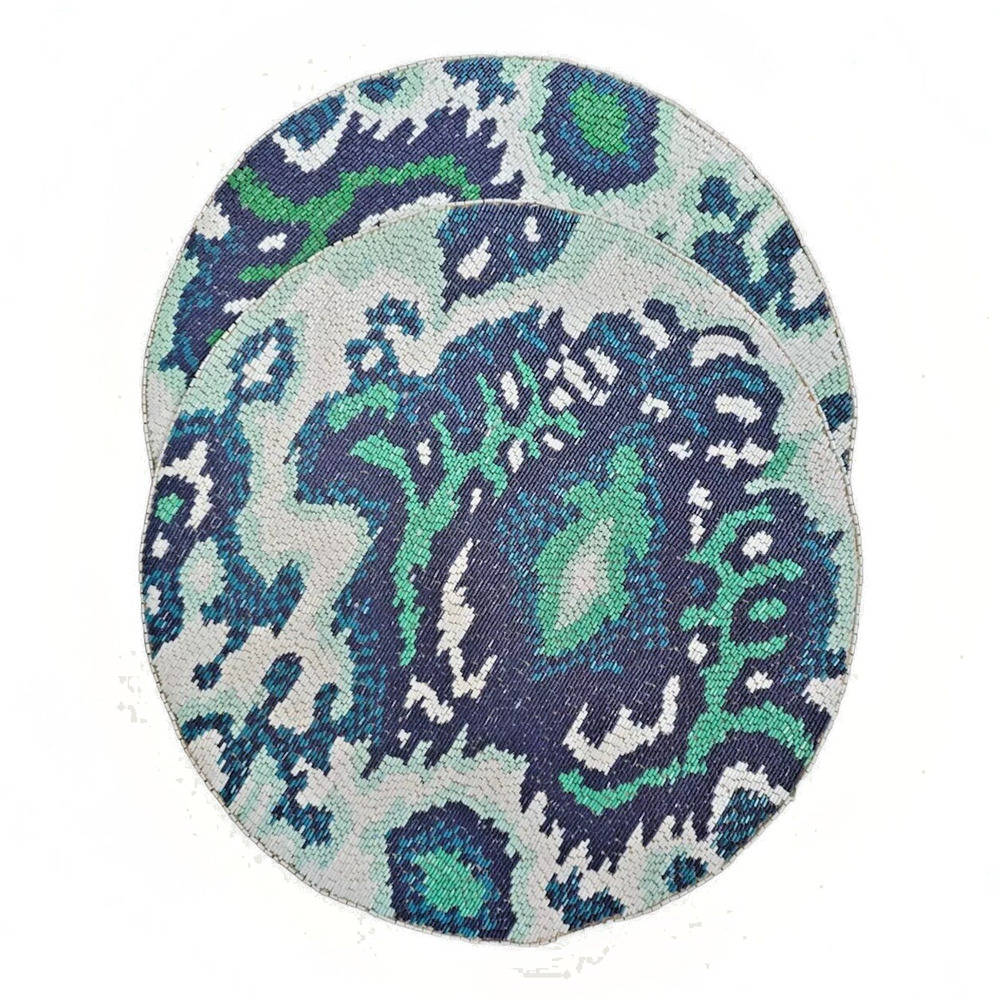 KIM SEYBERT BLUE PAISLEY GLASS BEADED PLACEMATS SET OF 2 15" ROUND HANDMADE